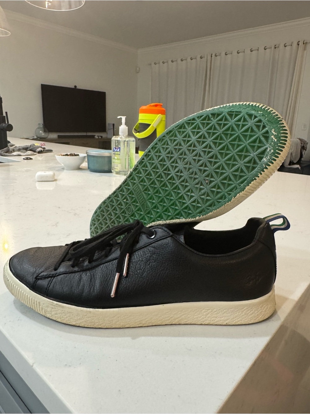 Puma Black Leather Sneakers Shoes - Cream Midsole and Green Outsole - 36625302
